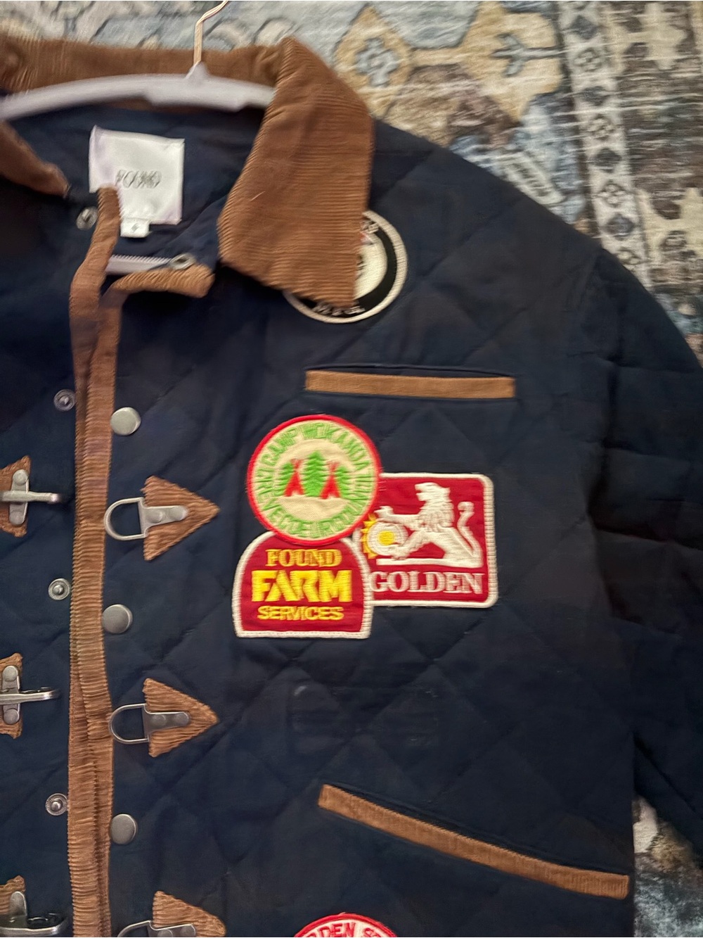 Found Quilted Navy Field Jacket with Brown Trim and Patchwork - Picture 3 of 7